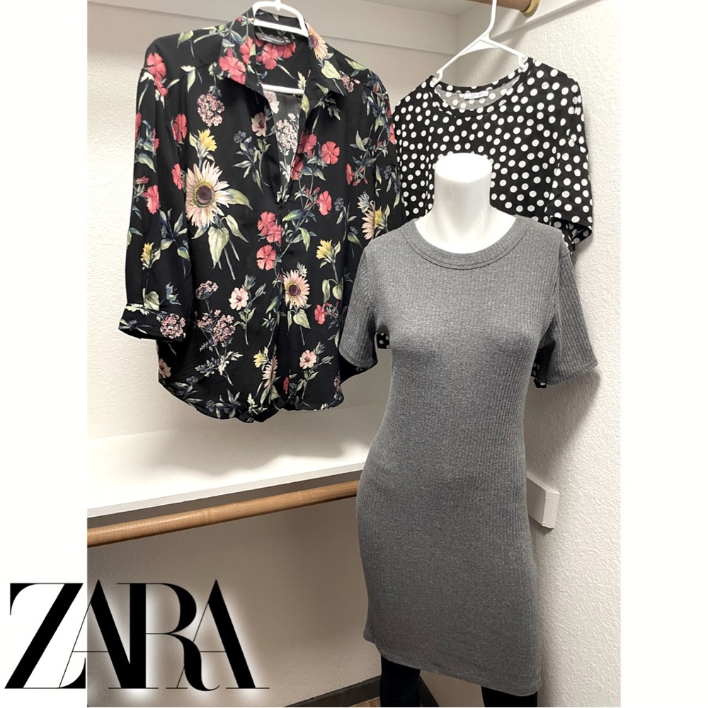 Zara 🌻 BUNDLE Floral Sunflower Top, Polkadot Tee & Gray knit dress Sz L